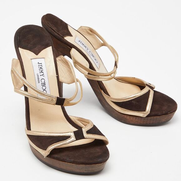 Jimmy Choo Brown/Metallic Gold Suede and Leather Strappy Platform Sandals - Picture 4 of 4